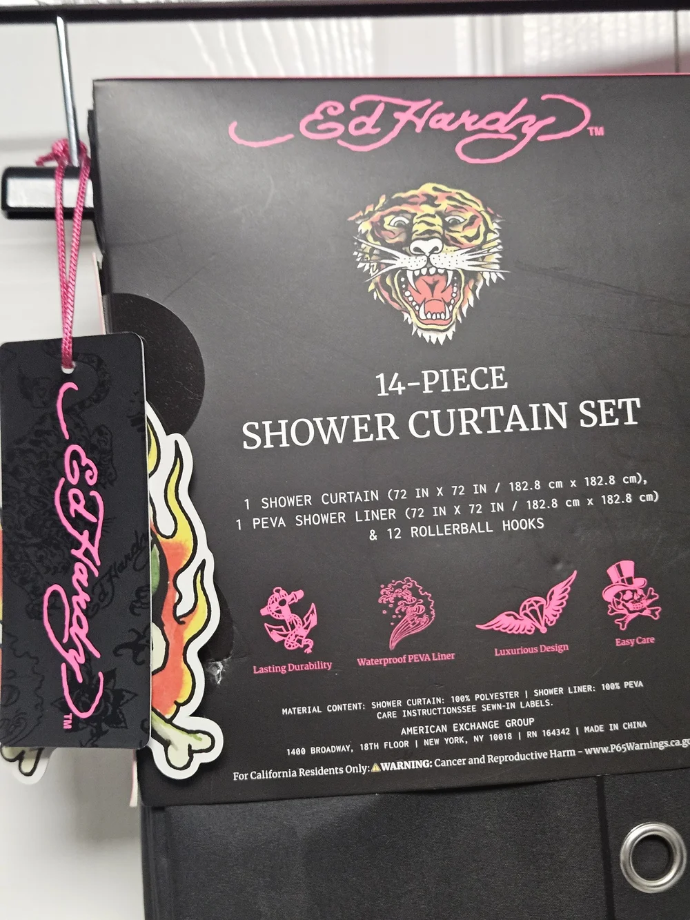 Ed Hardy Black Shower Curtain Set with Red & Orange Dragon Flame Print